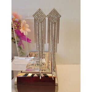 Rhinestone Statement Dangle Earrings With Long Tassels Wedding Boho Fringe 5"